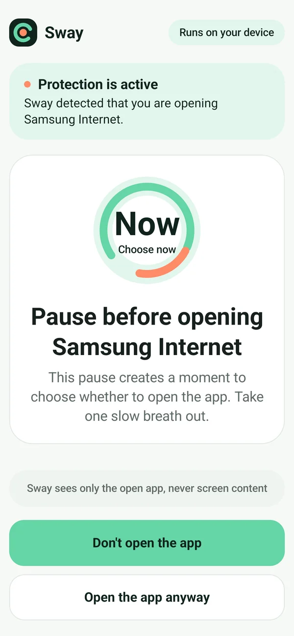 Actual Sway screen on Galaxy S25, with leave and continue choices before Samsung Internet.